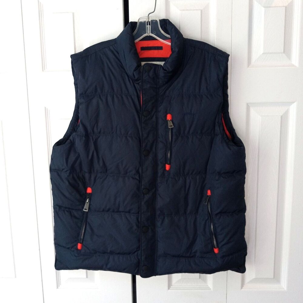 Orvis Size LARGE Essex Down Puffer Vest Navy Blue Orange
